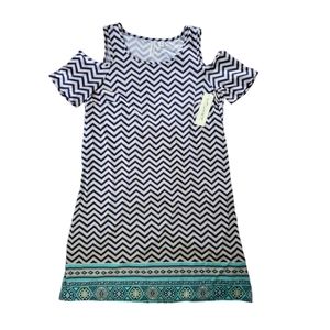 Tacera Chevron Navy Blue Cut Out Shoulder Dress